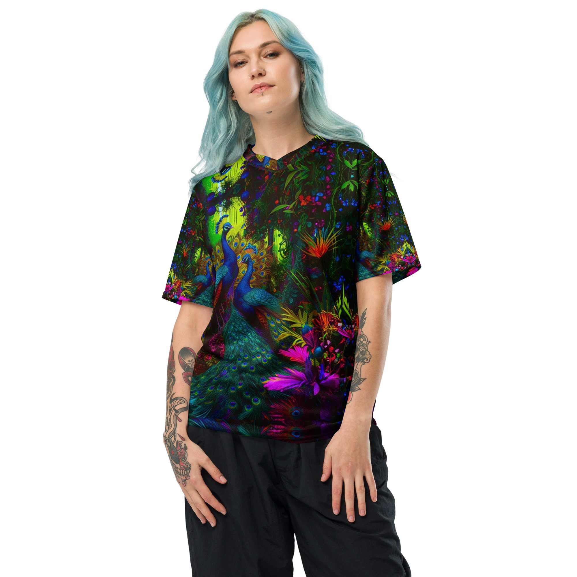 SG’s French Quarter’s Peacock Masquerade Garden – Recycled Unisex Sports Jersey - Image 2