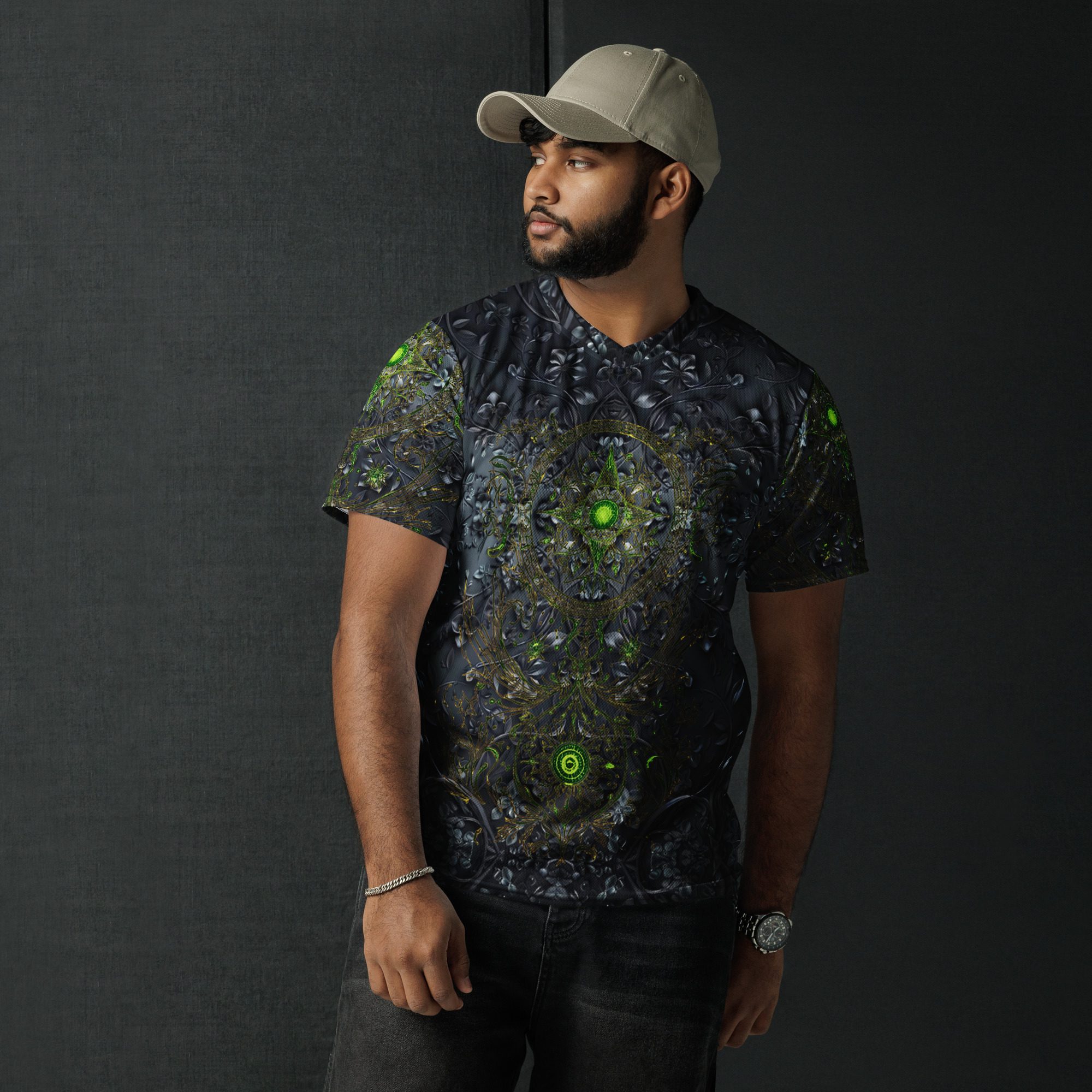 The Moss’s Emerald Pulse Locked in Midnight Stone — Recycled Unisex Sports Jersey