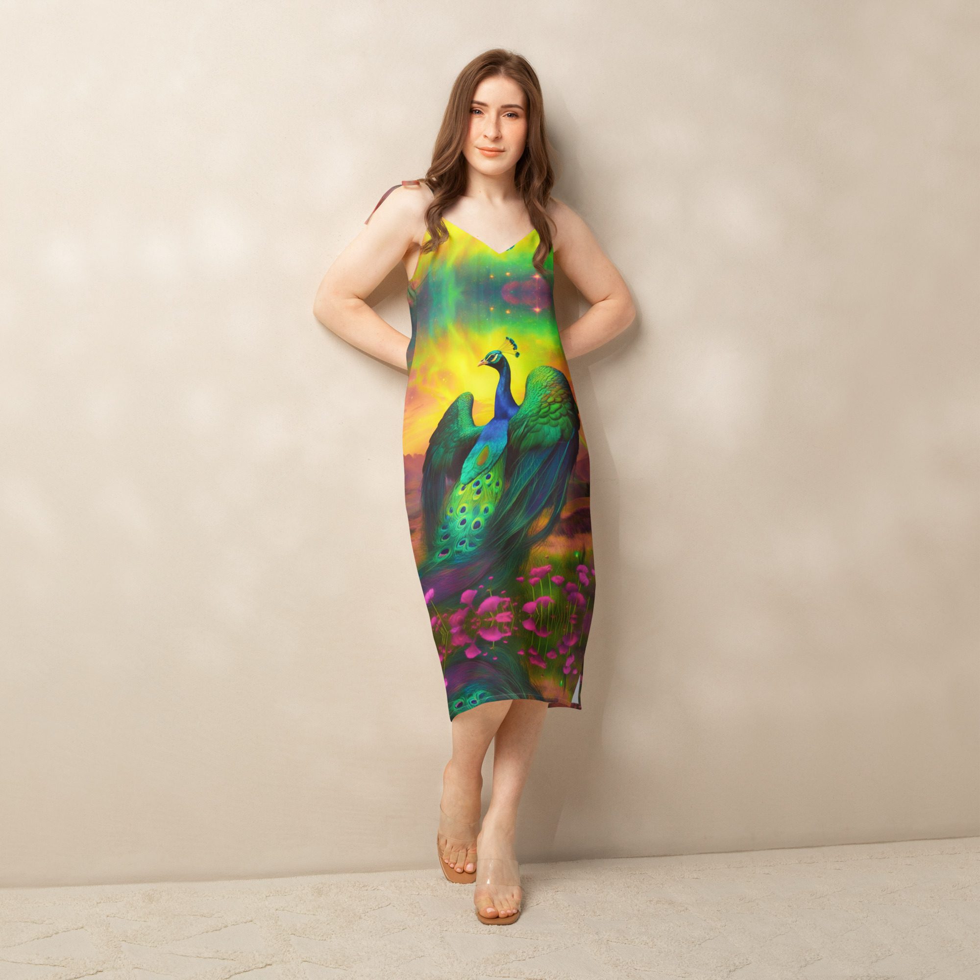 SG’s Mardi Gras’s Sunrise Royal Peacock Glow — Tie-Strap Midi Dress