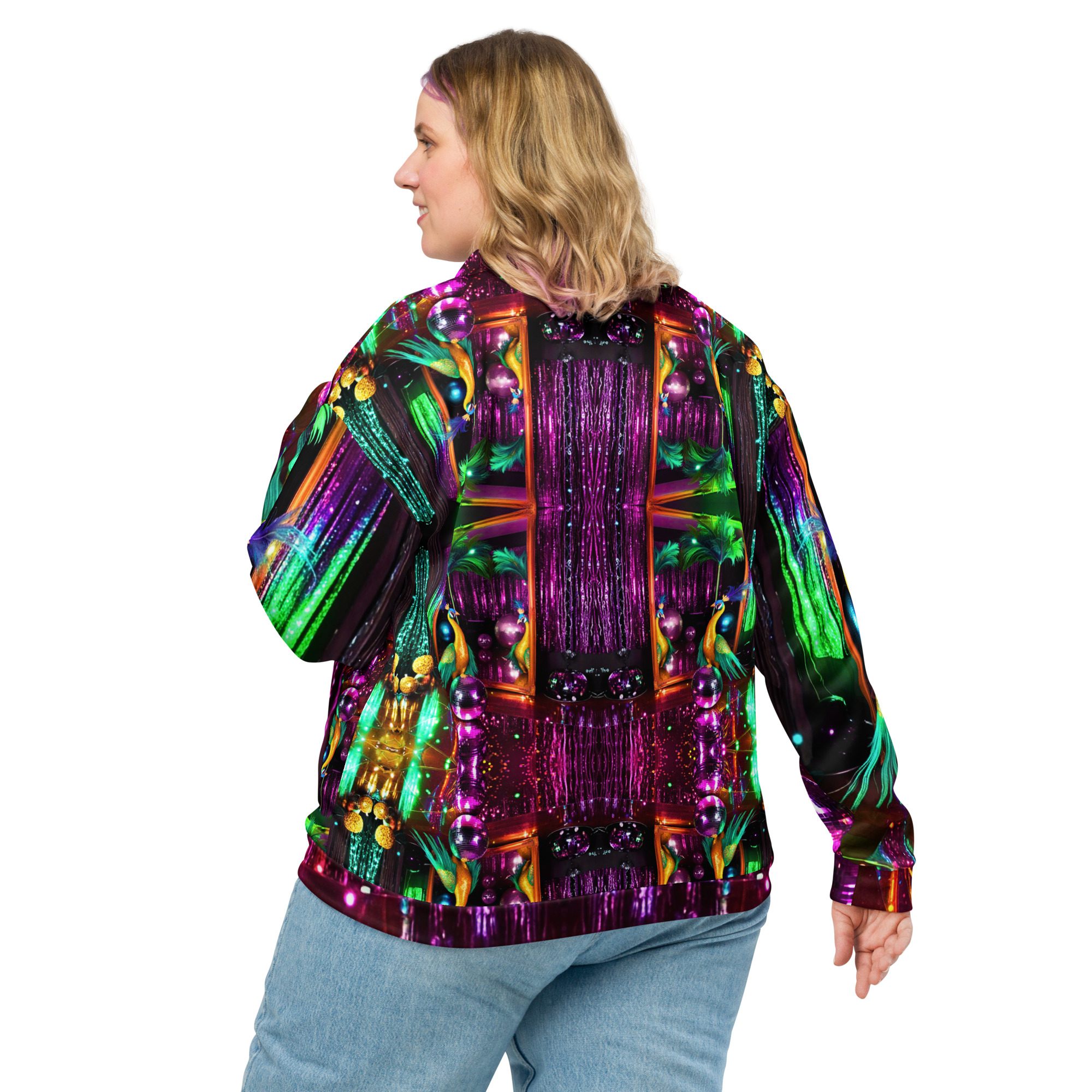 SG’s Mardi Gras Peacocks Mirrorball Masquerade Night – Unisex Bomber Jacket - Image 3
