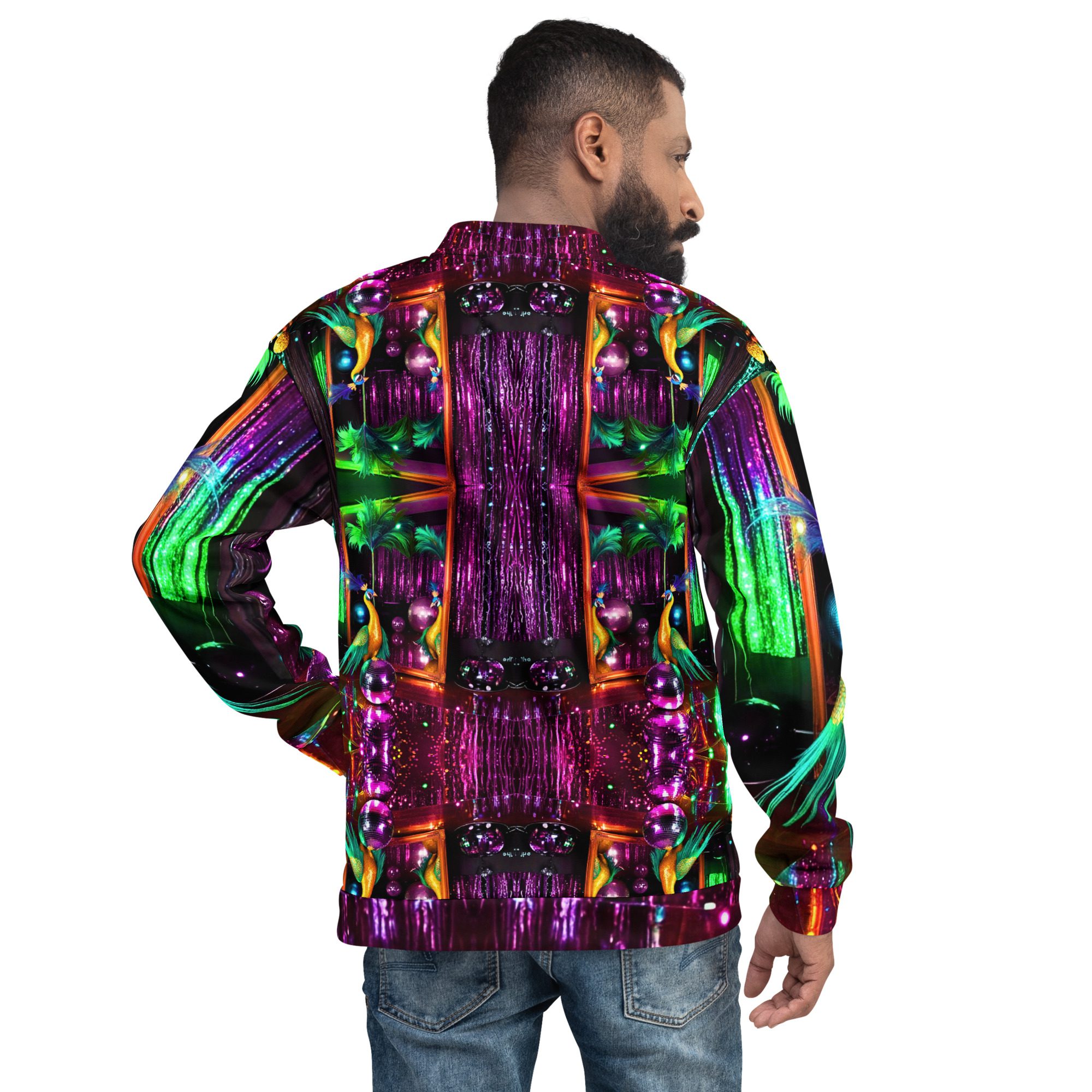 SG’s Mardi Gras Peacocks Mirrorball Masquerade Night – Unisex Bomber Jacket - Image 2