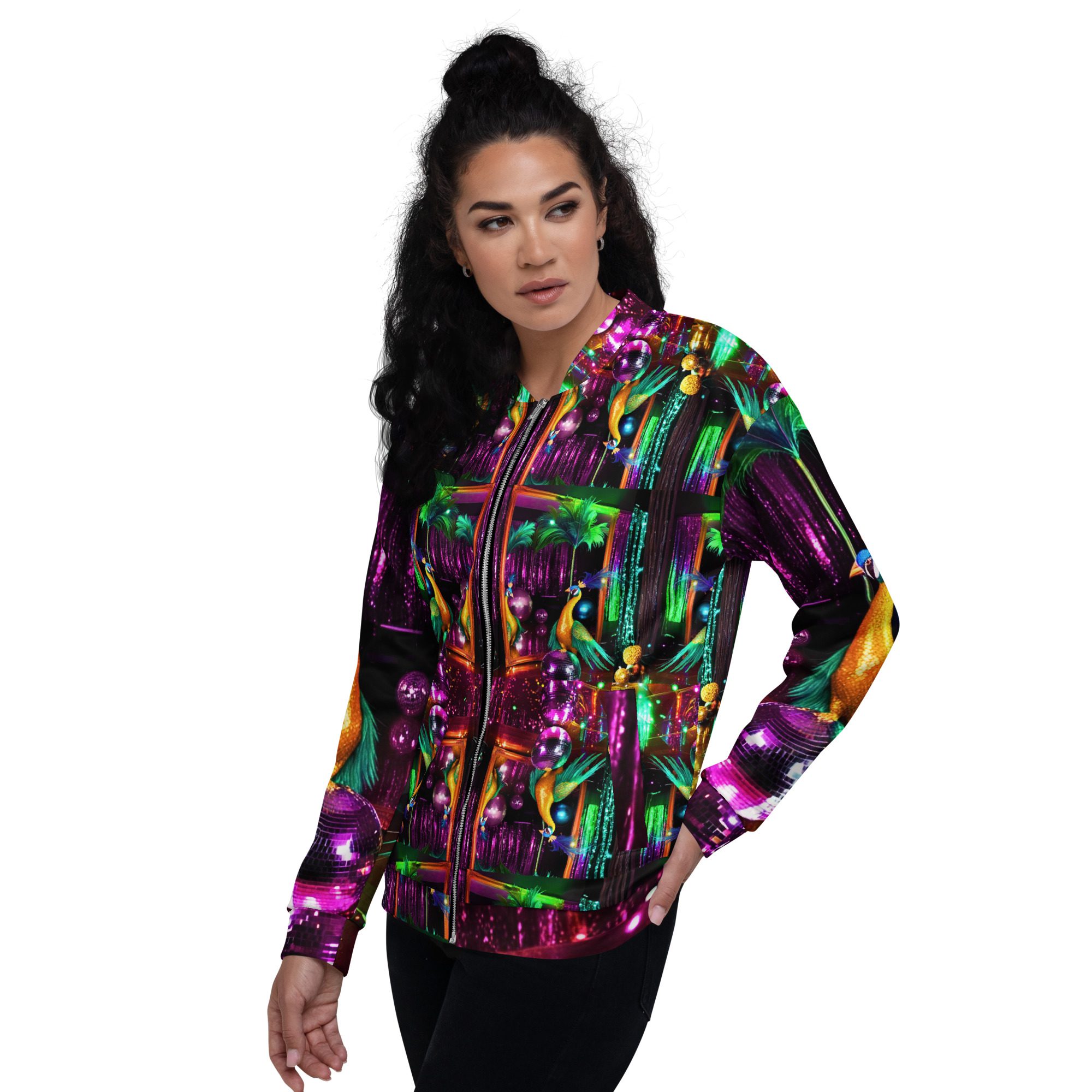 SG’s Mardi Gras Peacocks Mirrorball Masquerade Night – Unisex Bomber Jacket - Image 10