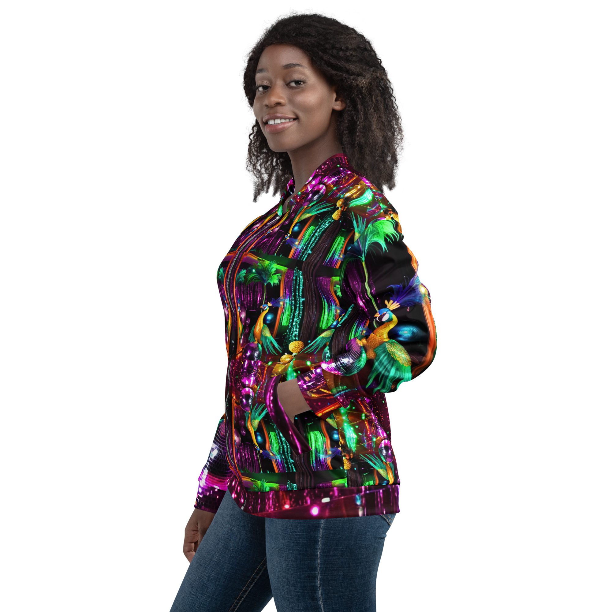 SG’s Mardi Gras Peacocks Mirrorball Masquerade Night – Unisex Bomber Jacket - Image 4