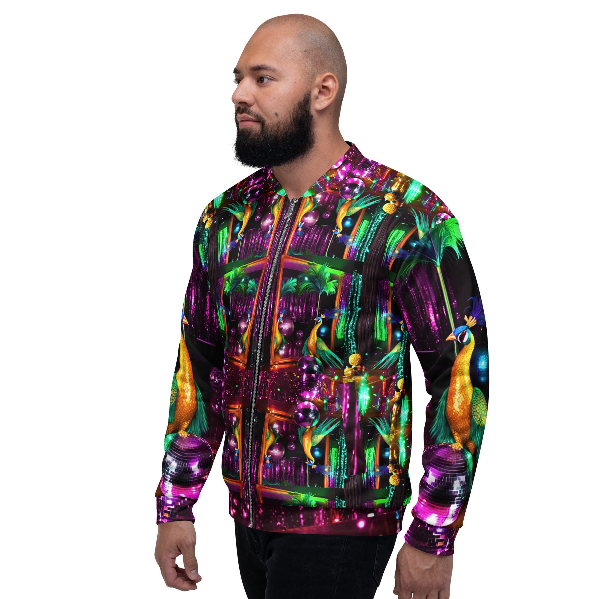 SG’s Mardi Gras Peacocks Mirrorball Masquerade Night – Unisex Bomber Jacket - Image 8