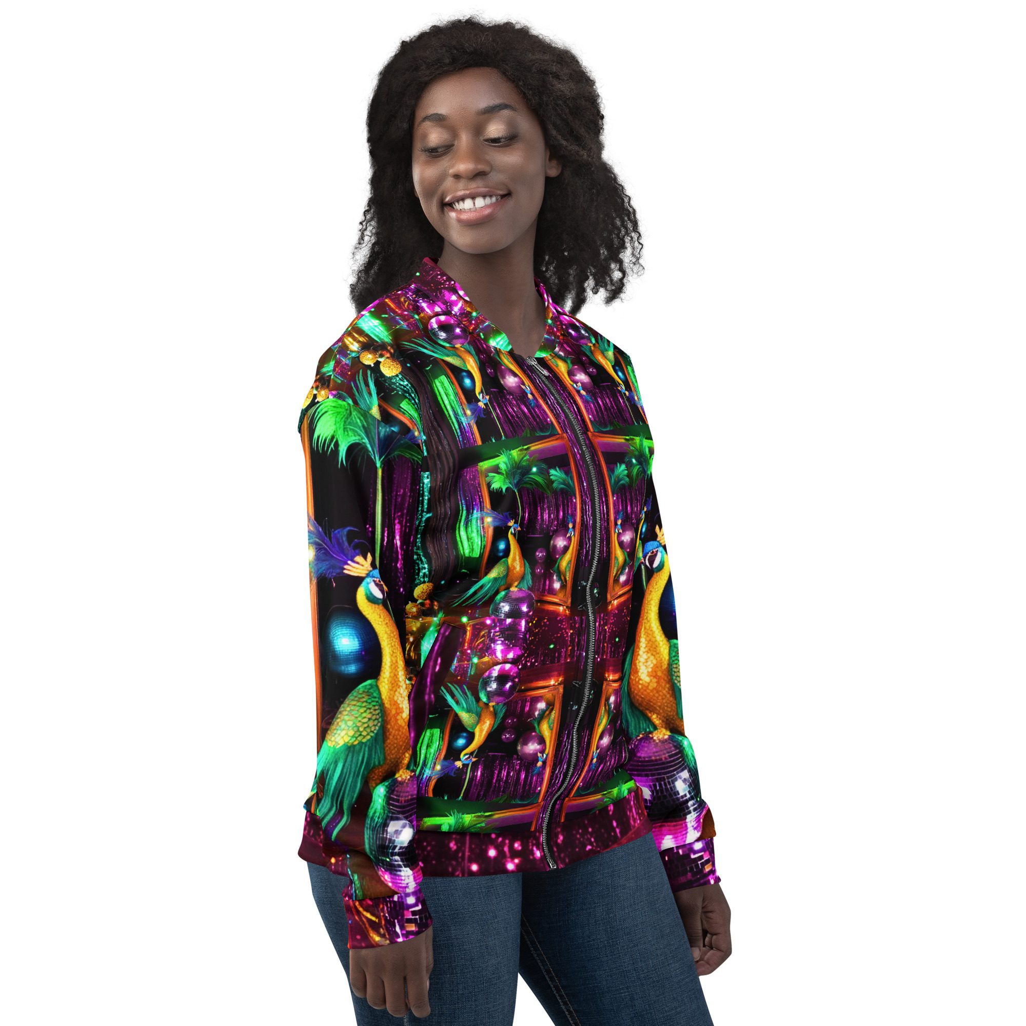 SG’s Mardi Gras Peacocks Mirrorball Masquerade Night – Unisex Bomber Jacket - Image 5