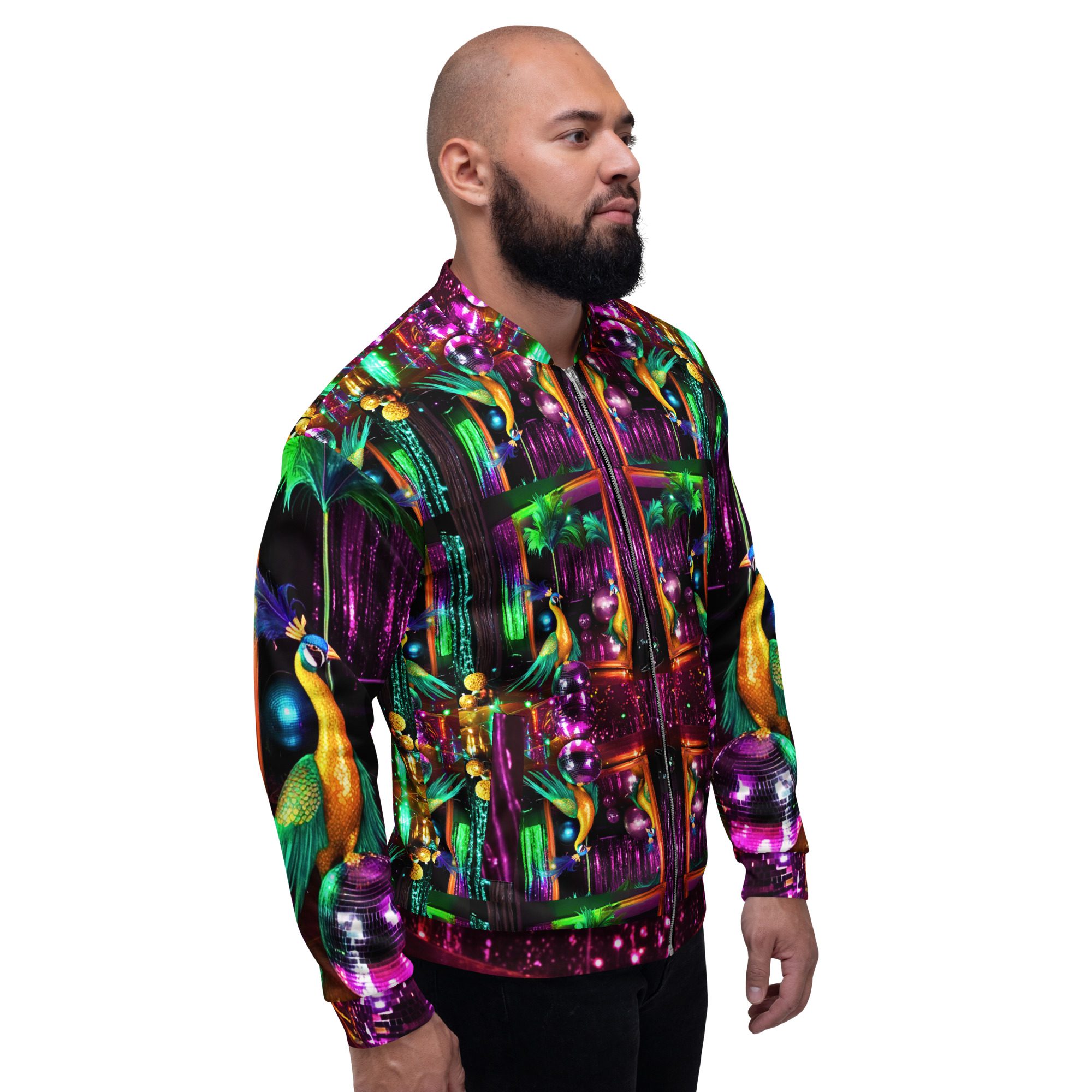 SG’s Mardi Gras Peacocks Mirrorball Masquerade Night – Unisex Bomber Jacket - Image 7