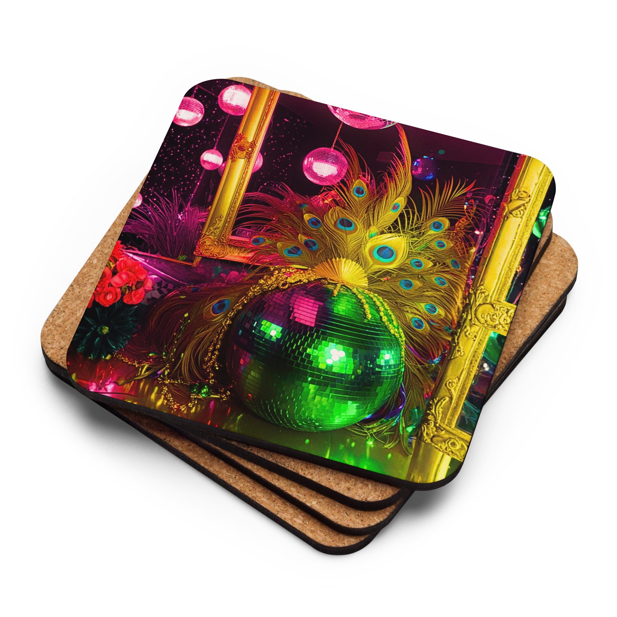 SG’s Mardi Gras Peacocks Mirrorball Masquerade Night – Cork-Back Coaster