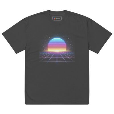 Retro Synthwave Sunset Oversized Tee + “Be Kind, Rewind” Cassette Back