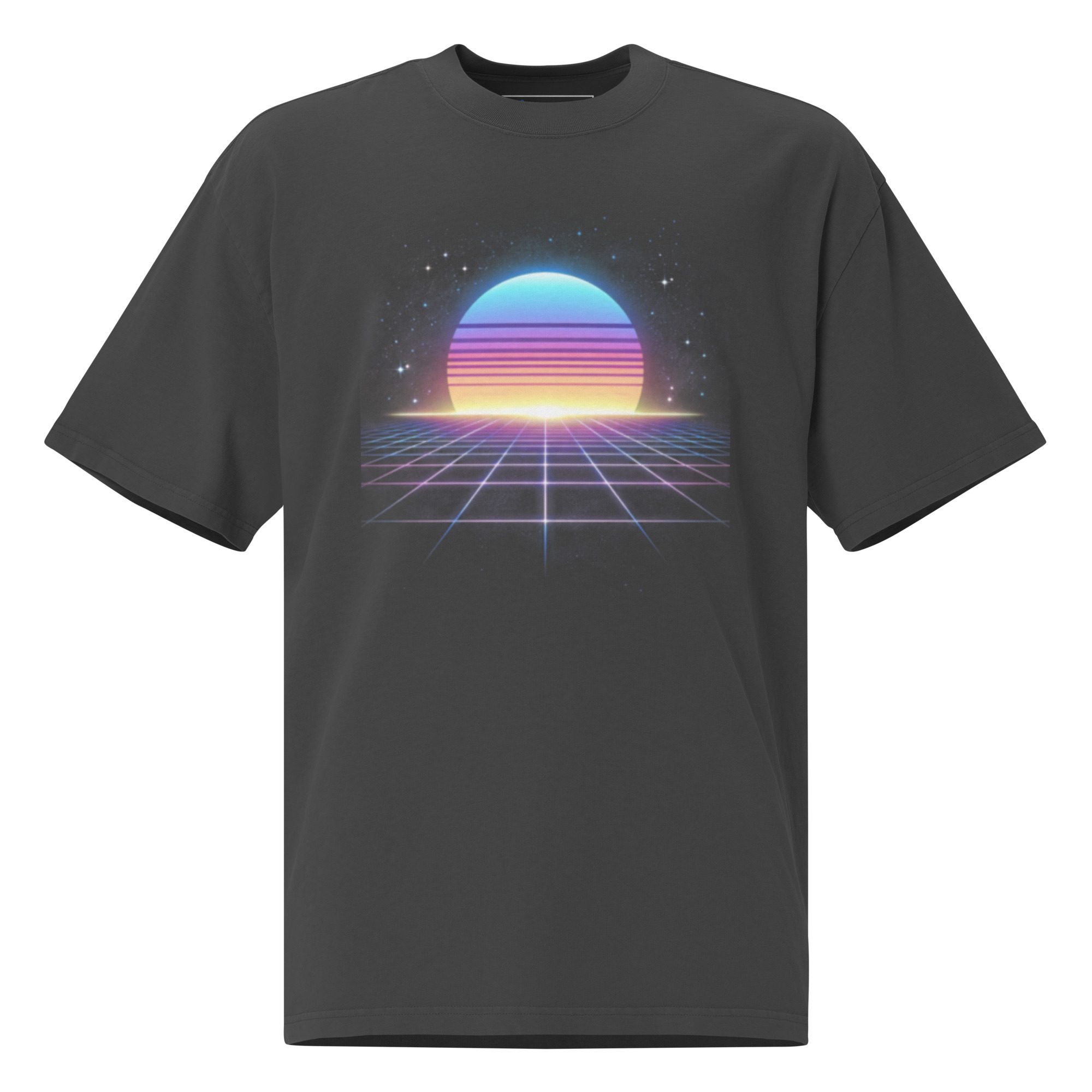 Retro Synthwave Sunset Oversized Tee + “Be Kind, Rewind” Cassette Back - Image 6