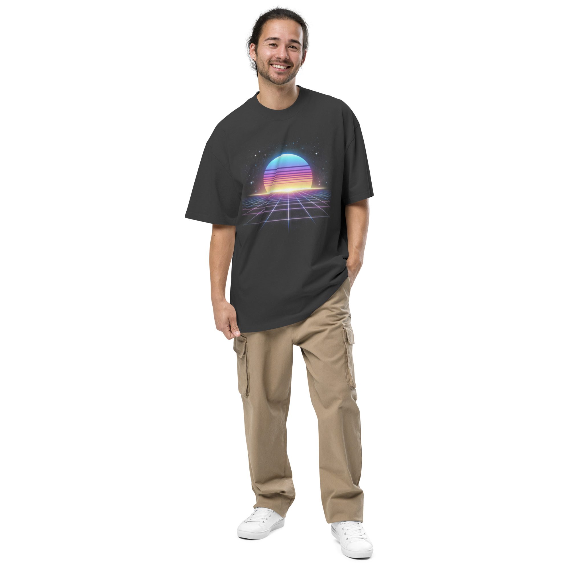 Retro Synthwave Sunset Oversized Tee + “Be Kind, Rewind” Cassette Back - Image 4