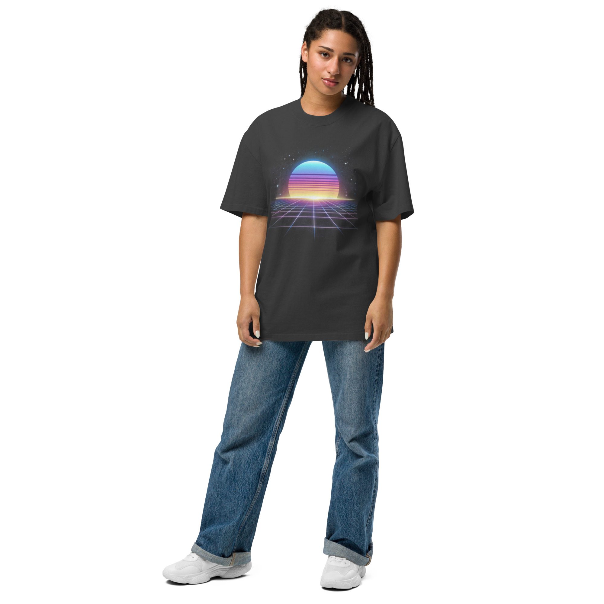 Retro Synthwave Sunset Oversized Tee + “Be Kind, Rewind” Cassette Back - Image 8