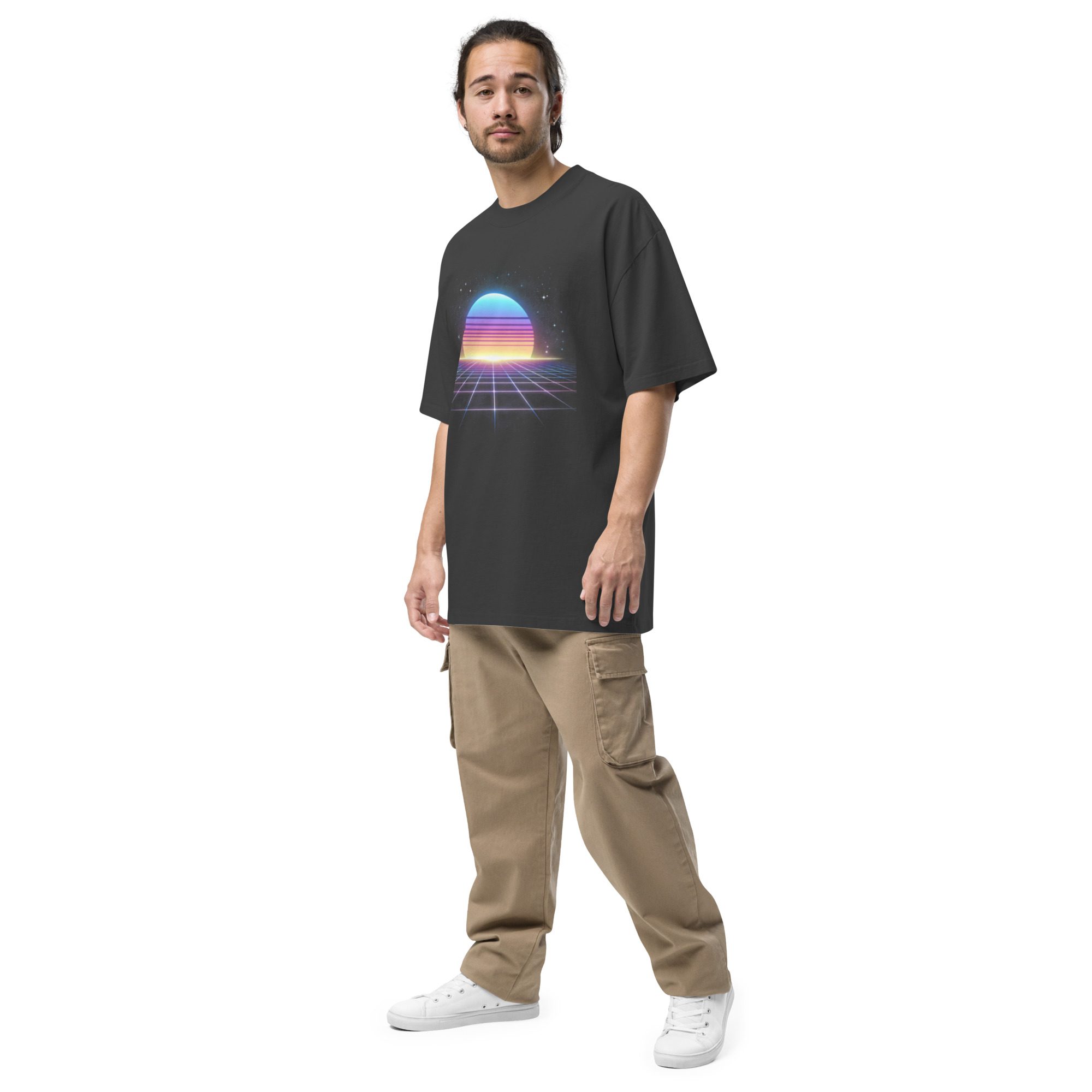 Retro Synthwave Sunset Oversized Tee + “Be Kind, Rewind” Cassette Back - Image 3