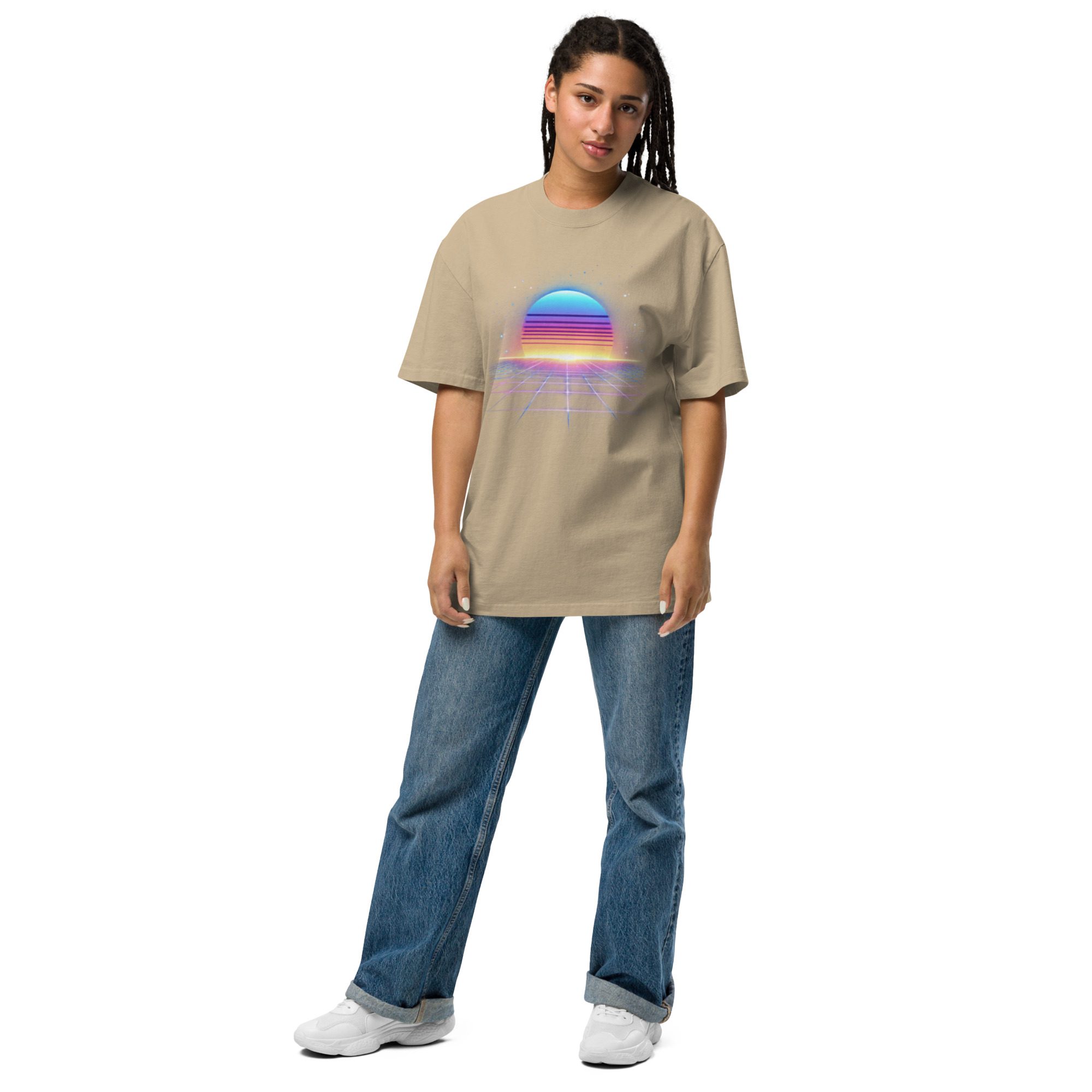 Retro Synthwave Sunset Oversized Tee + “Be Kind, Rewind” Cassette Back - Image 13