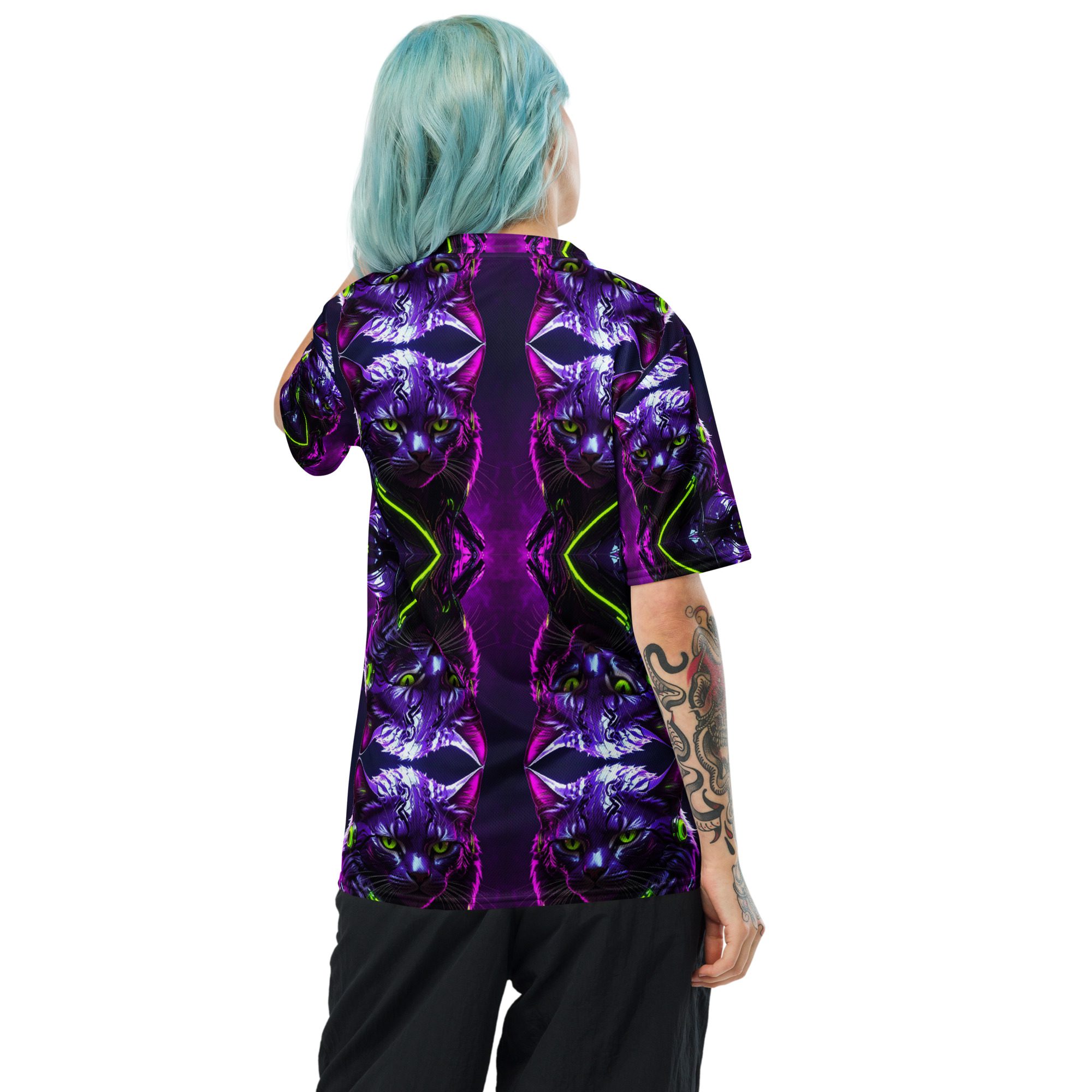 Neon Sovereign: Cyber Feline Mirror — All-Over Print Jersey Shirt - Image 2
