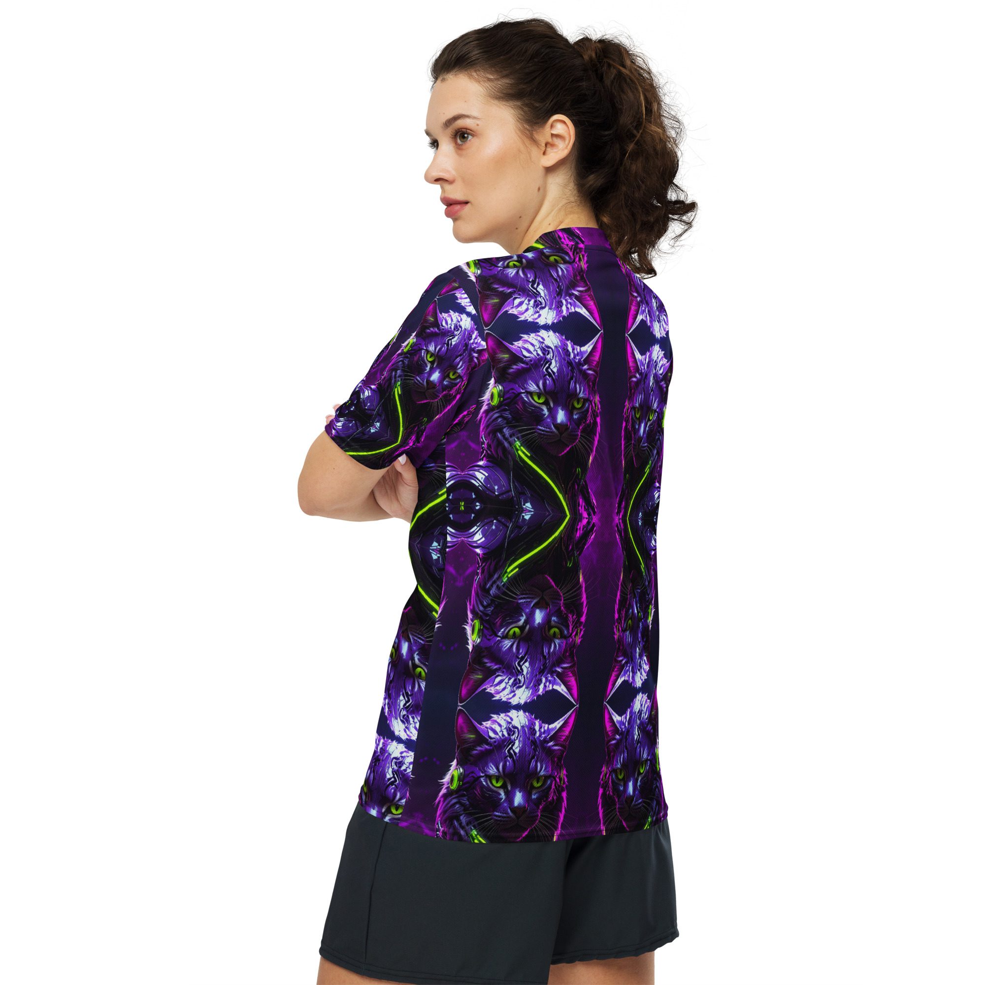 Neon Sovereign: Cyber Feline Mirror — All-Over Print Jersey Shirt - Image 7