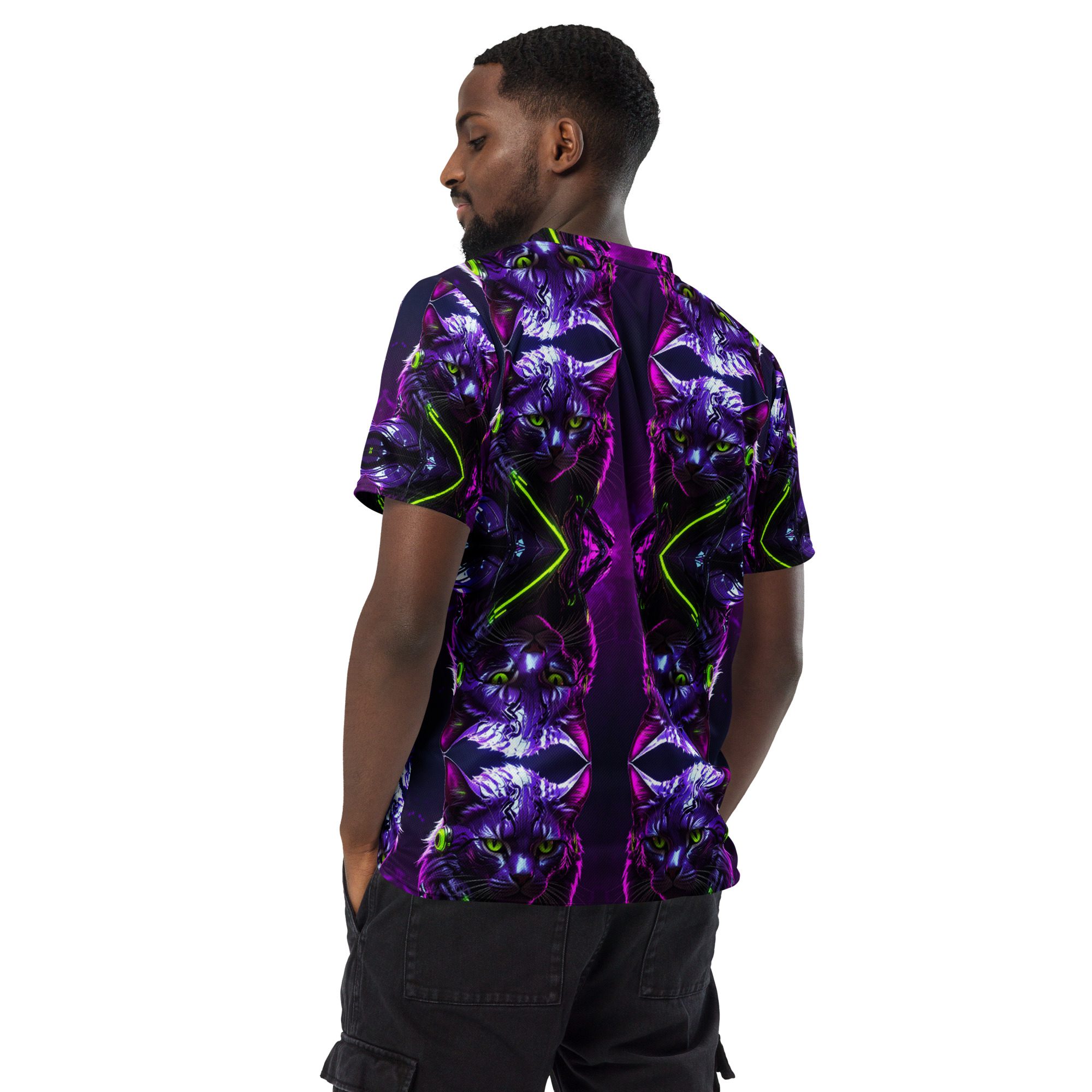 Neon Sovereign: Cyber Feline Mirror — All-Over Print Jersey Shirt - Image 4