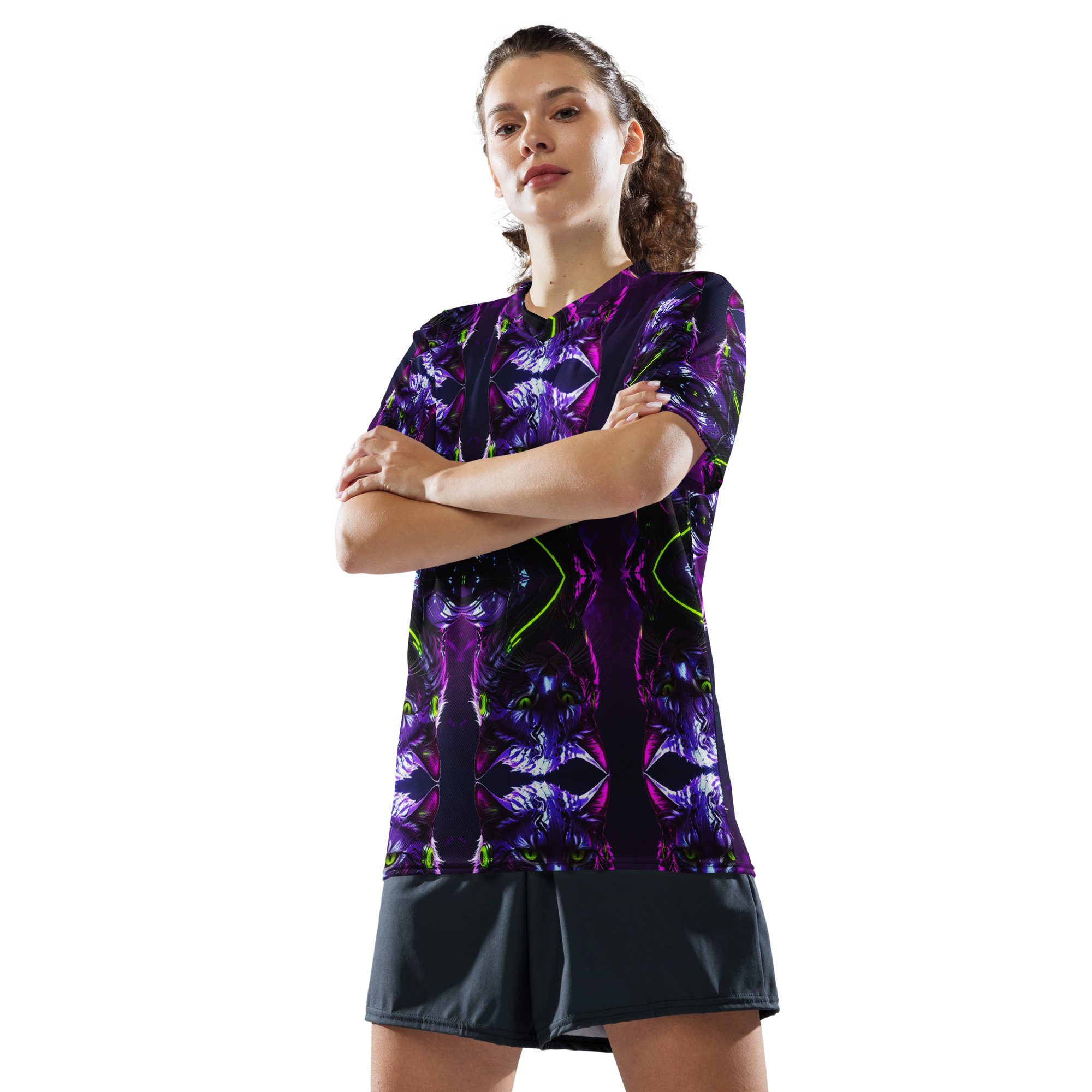 Neon Sovereign: Cyber Feline Mirror — All-Over Print Jersey Shirt - Image 6