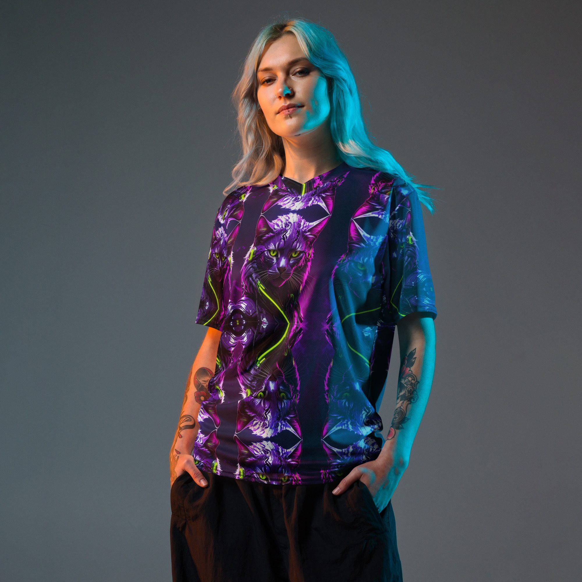 Neon Sovereign: Cyber Feline Mirror — All-Over Print Jersey Shirt