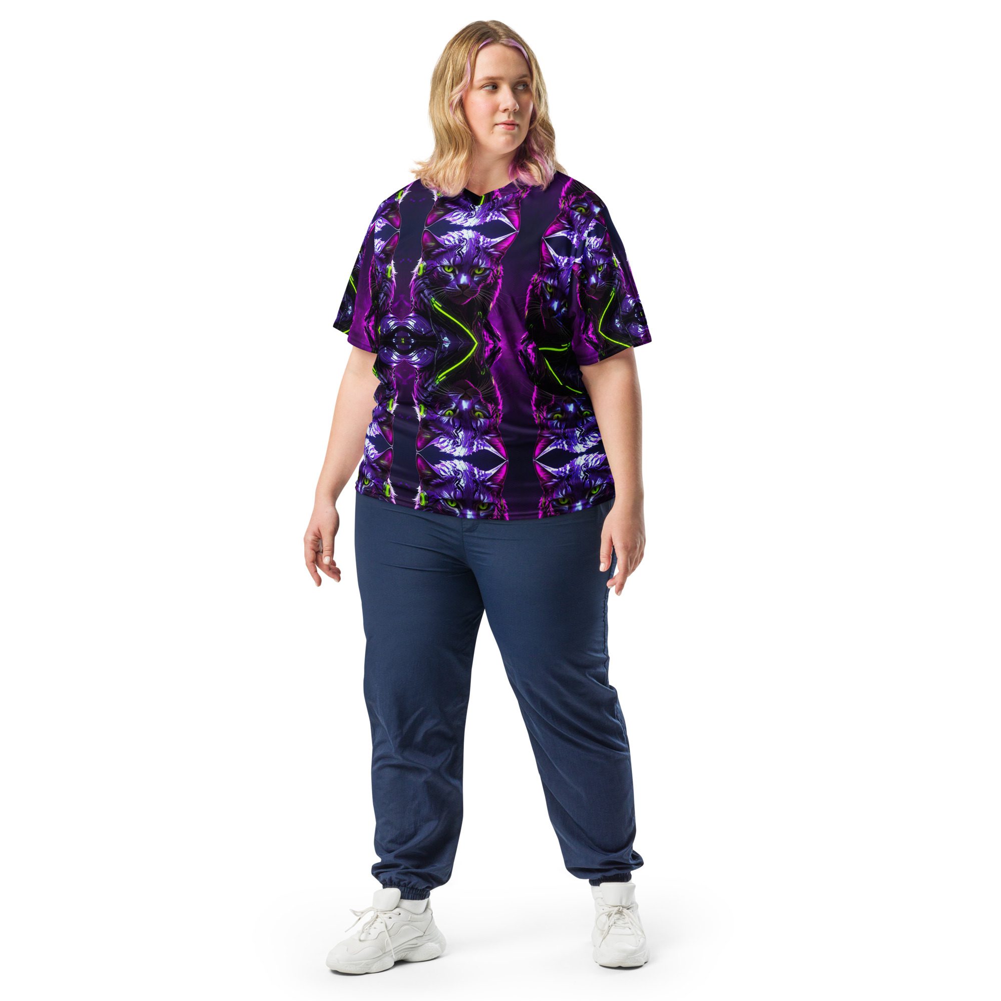 Neon Sovereign: Cyber Feline Mirror — All-Over Print Jersey Shirt - Image 9