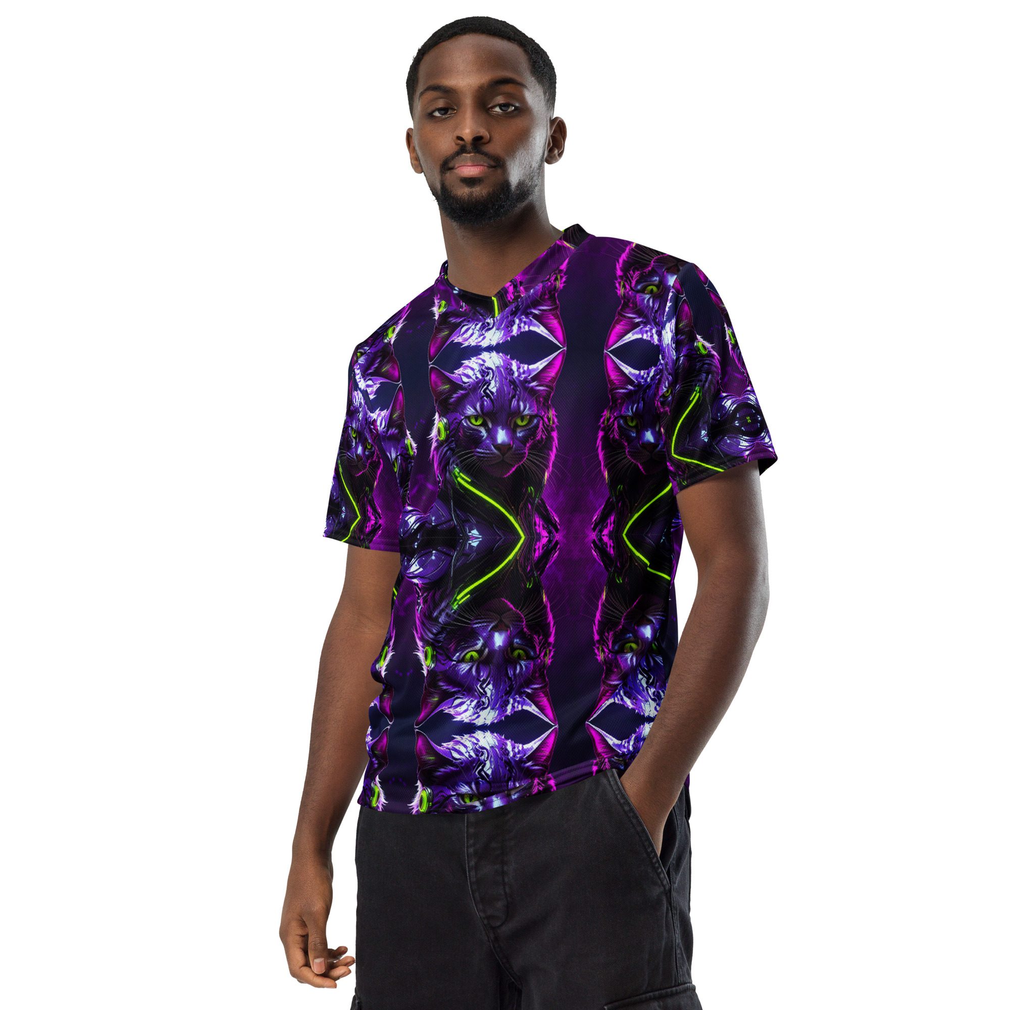 Neon Sovereign: Cyber Feline Mirror — All-Over Print Jersey Shirt - Image 3