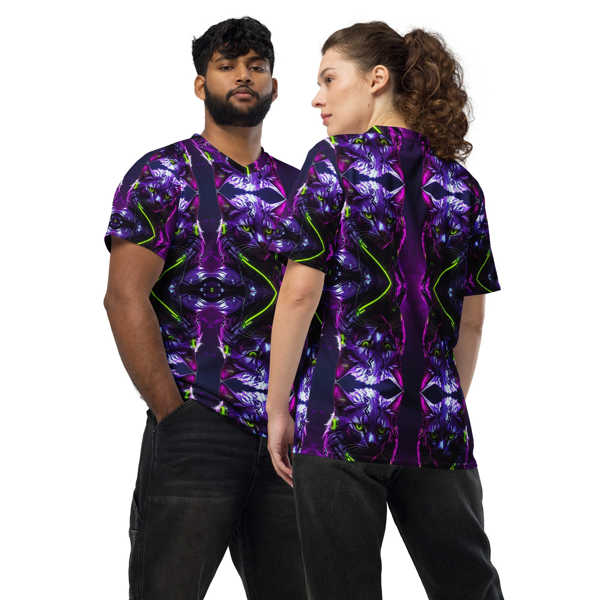 Neon Sovereign: Cyber Feline Mirror — All-Over Print Jersey Shirt - Image 5