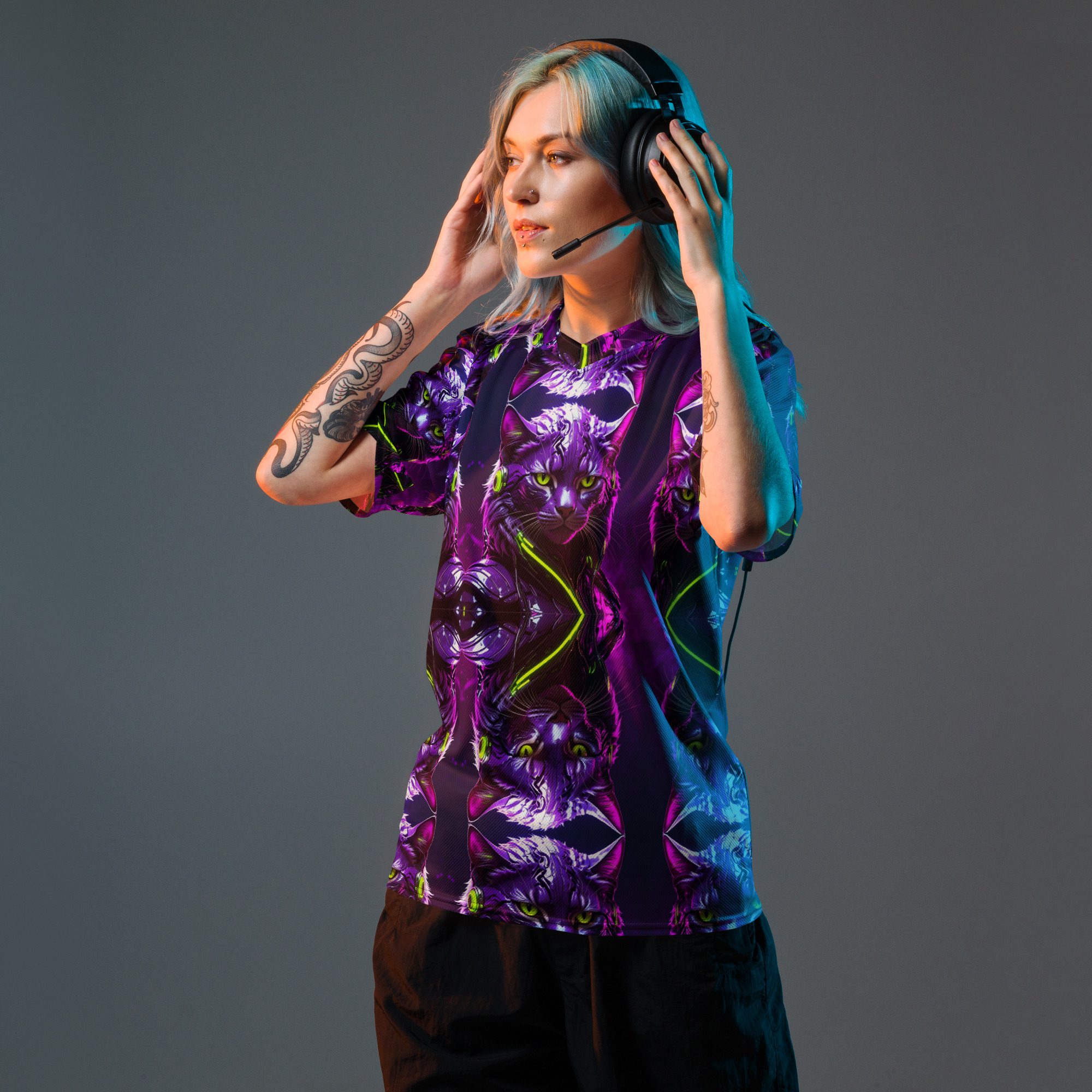 Neon Sovereign: Cyber Feline Mirror — All-Over Print Jersey Shirt - Image 13