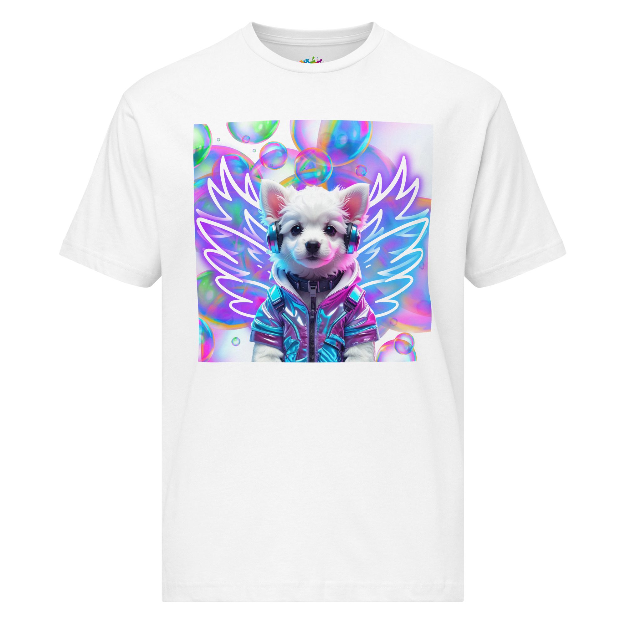 Rave Halo Companion: The Bubble Hazed Angel Pup – Unisex Fine Jersey Tee - Image 2