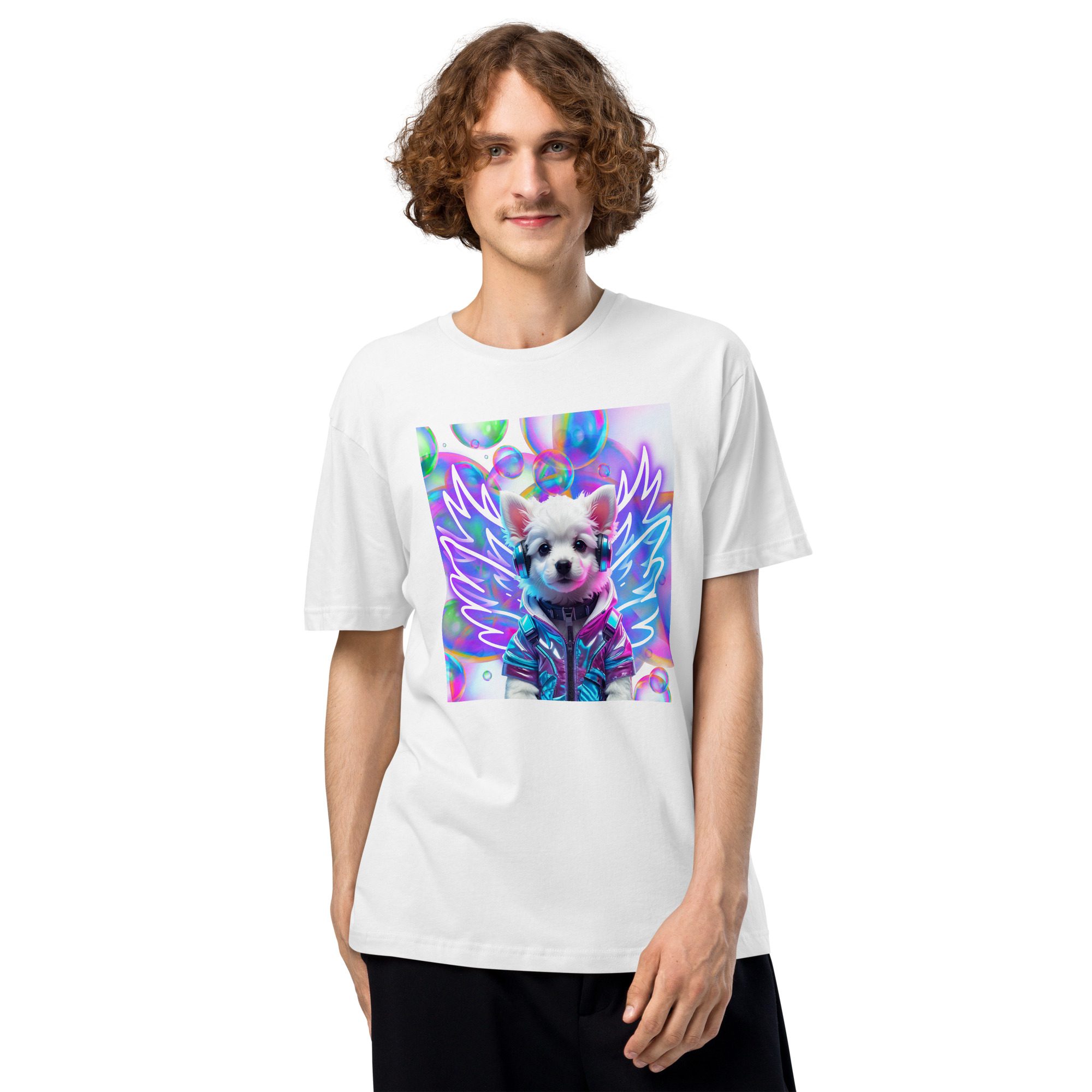 Rave Halo Companion: The Bubble Hazed Angel Pup – Unisex Fine Jersey Tee