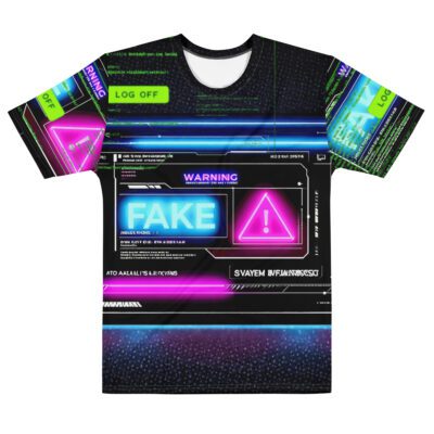 Neon Warning Core — Cyber Glitch Interface in Y2K Techwear Festival Streetwear | Futuristic Cyberpunk Aesthetic | Men’s Cotton Crew Neck T-Shirt