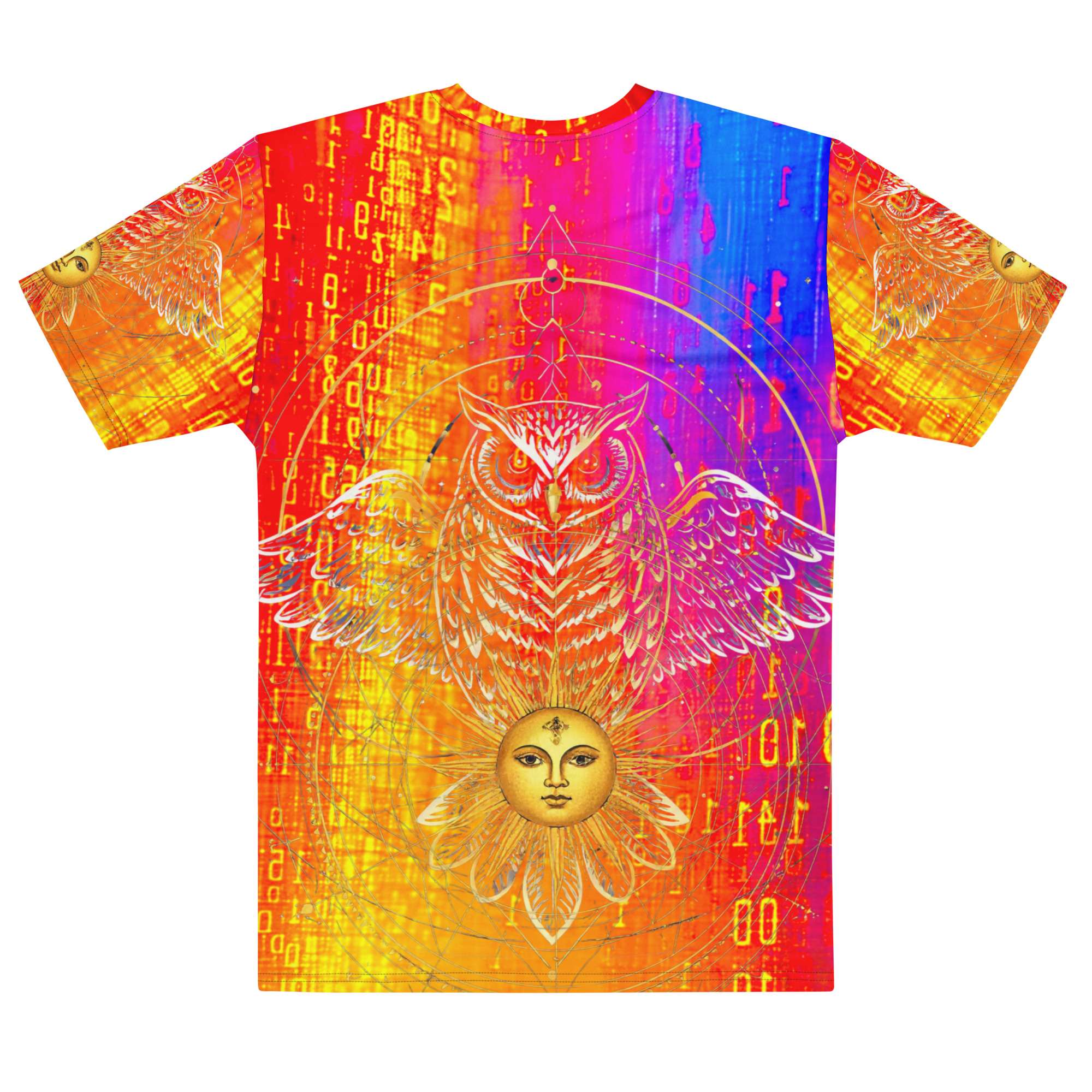 Solar Oracle Owl — Celestial Wisdom Sigil in Cyber Astrology Streetwear | Sacred Geometry Energy Code Aesthetic | Men’s Cotton Crew Neck T-Shirt - Image 3