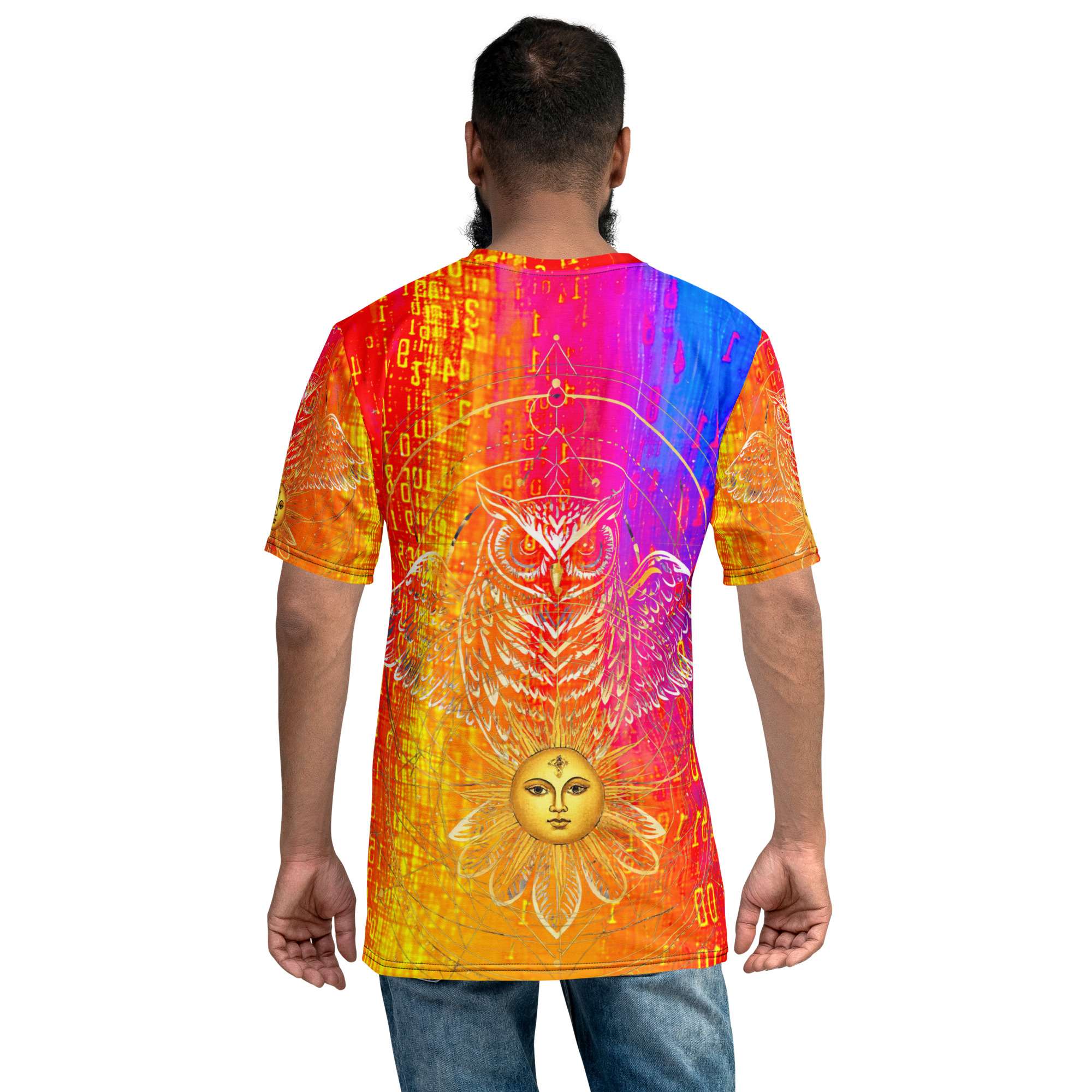 Solar Oracle Owl — Celestial Wisdom Sigil in Cyber Astrology Streetwear | Sacred Geometry Energy Code Aesthetic | Men’s Cotton Crew Neck T-Shirt - Image 4