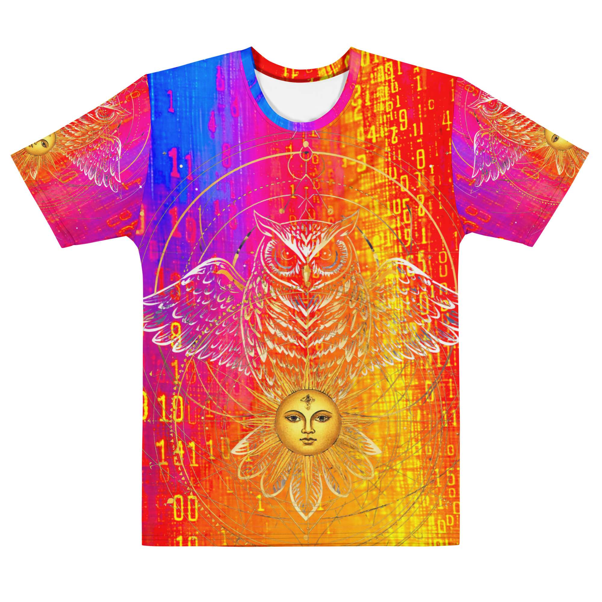 Solar Oracle Owl — Celestial Wisdom Sigil in Cyber Astrology Streetwear | Sacred Geometry Energy Code Aesthetic | Men’s Cotton Crew Neck T-Shirt - Image 2