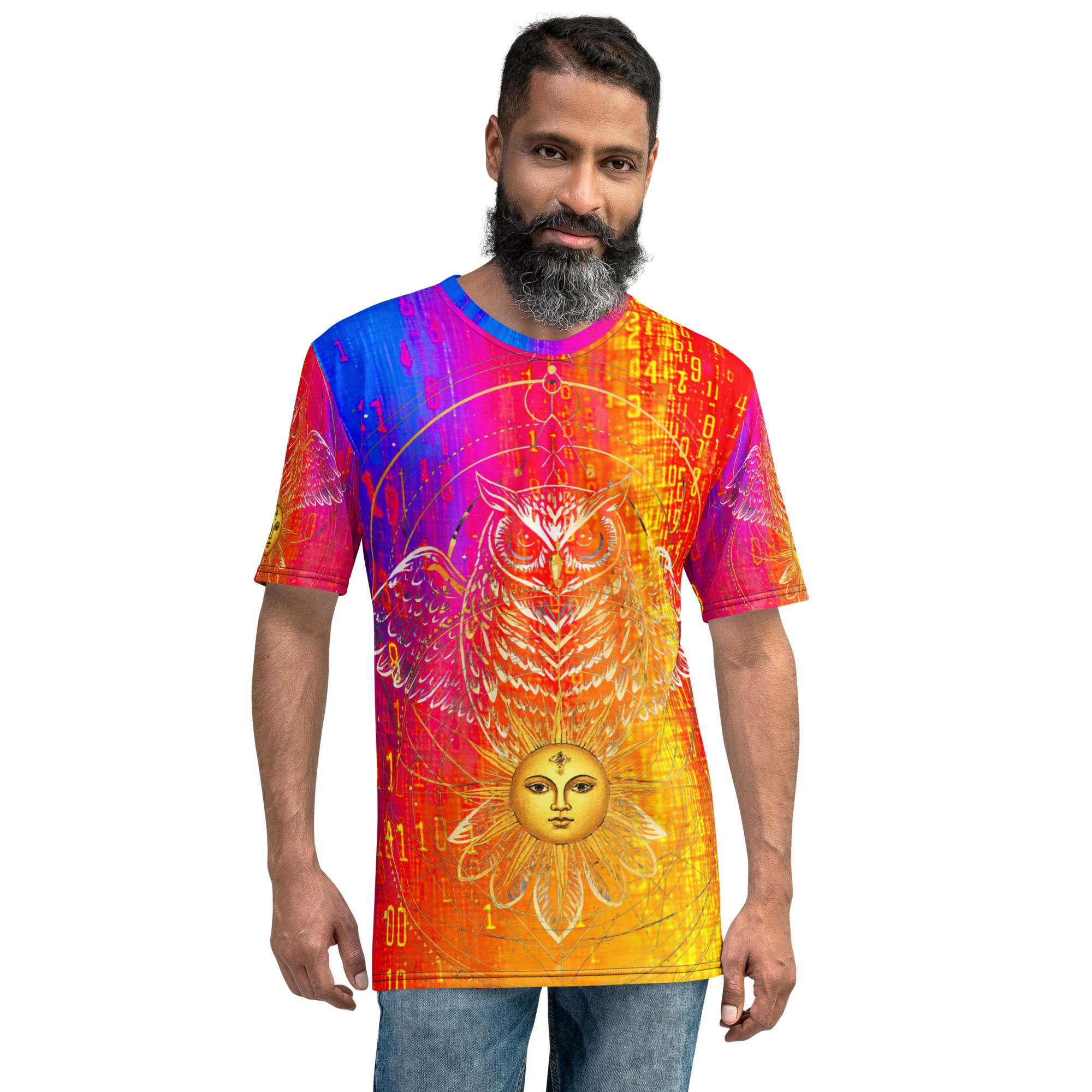 Solar Oracle Owl — Celestial Wisdom Sigil in Cyber Astrology Streetwear | Sacred Geometry Energy Code Aesthetic | Men’s Cotton Crew Neck T-Shirt