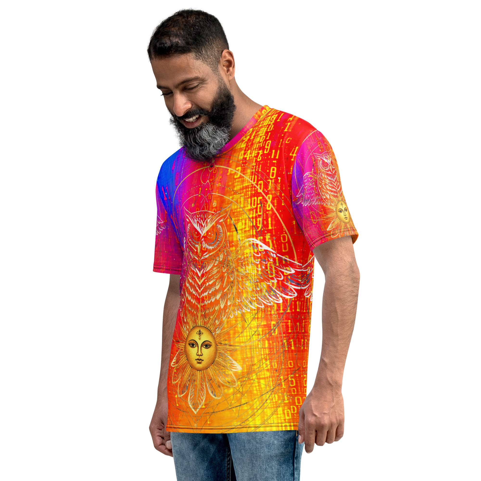 Solar Oracle Owl — Celestial Wisdom Sigil in Cyber Astrology Streetwear | Sacred Geometry Energy Code Aesthetic | Men’s Cotton Crew Neck T-Shirt - Image 6