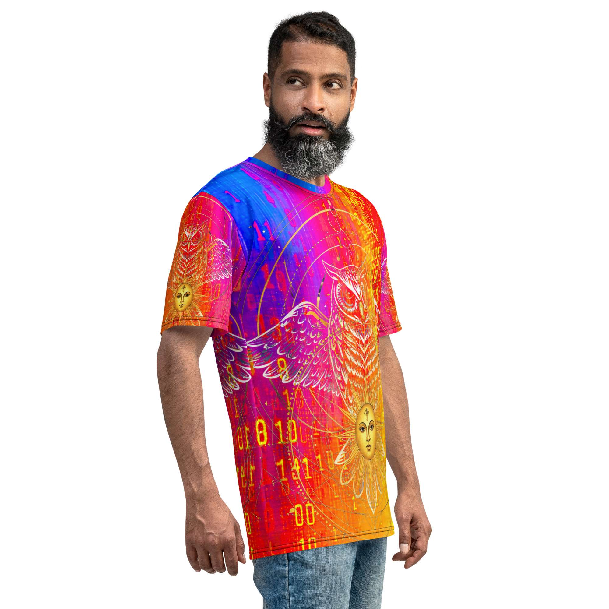 Solar Oracle Owl — Celestial Wisdom Sigil in Cyber Astrology Streetwear | Sacred Geometry Energy Code Aesthetic | Men’s Cotton Crew Neck T-Shirt - Image 5